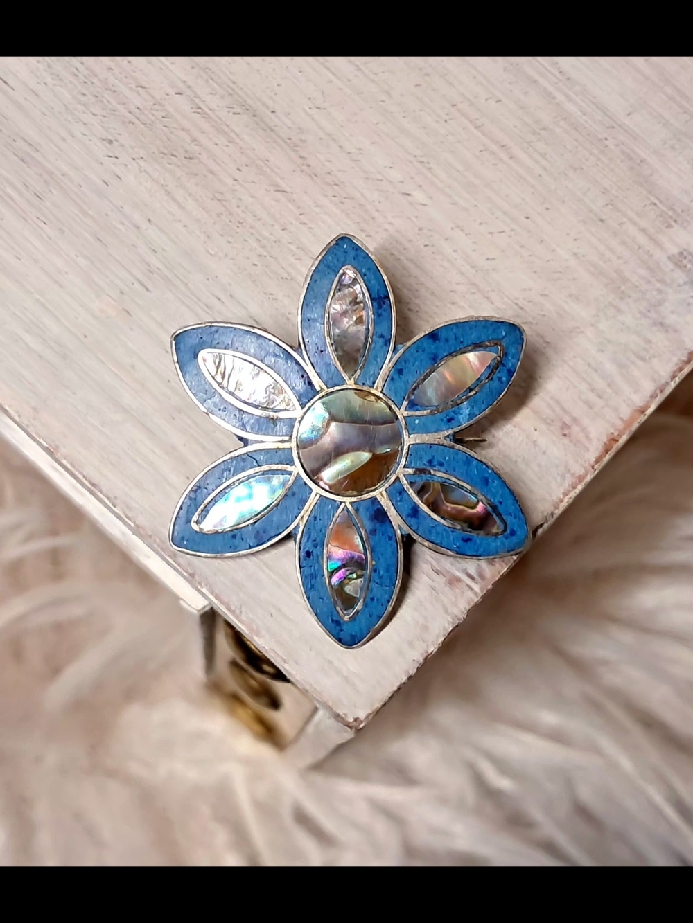 Vintage Taxco Alpaca Silver And Abalone Floral Brooch